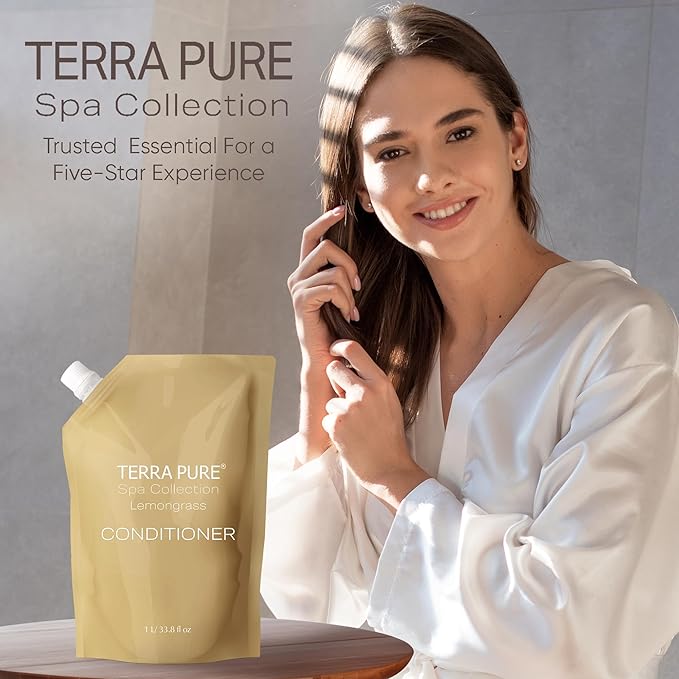 Terra Pure Spa Collection 1 Liter Conditioner Refill Bag For Soap Dispensers | Bulk Toiletries for Vacation Rentals, and Home Bathroom Showers | Green Tea Lemongrass | Single-Velvo Beauty