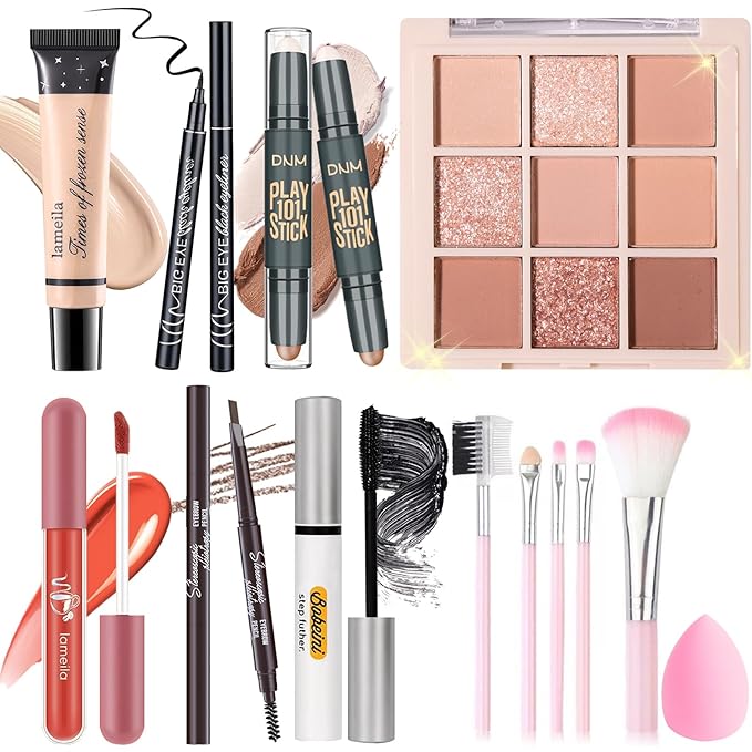 Makeup Set Kit for Women Girls Teens, Makeup Present Set, Includes 9 Color Eyeshadow, Counter Stick, Foundation, Eyebrow Pencil, Eyeliner, Mascara, Lip Gloss, 5Pcs Brushes, Sponge-Velvo Beauty