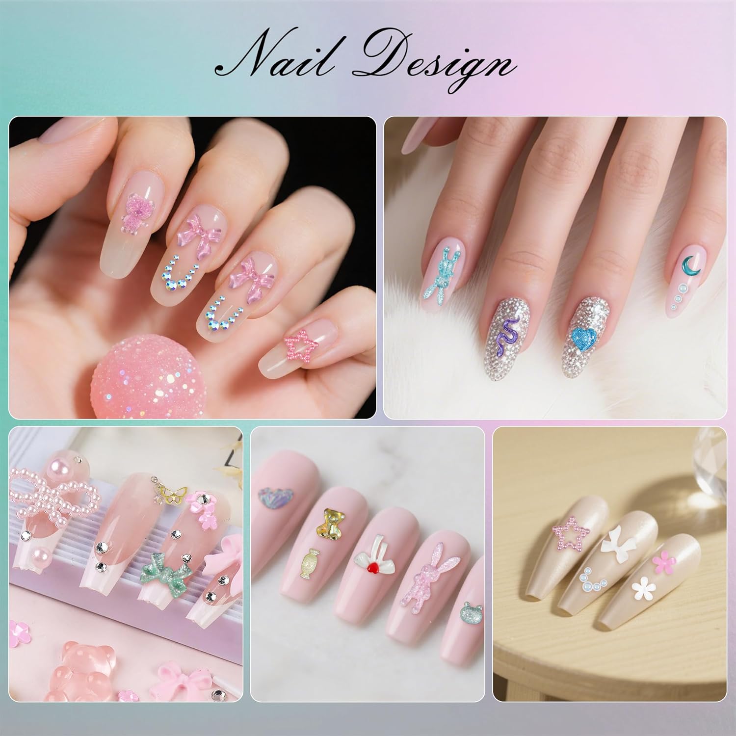 Artdone Nail Art Studs Kit, 2 boxes Multicolor 3D Charms Flower Butterfly Snake Rabbit Diamond Cute Nail Jewels for DIY Decoration with Pickup Tools-Velvo Beauty