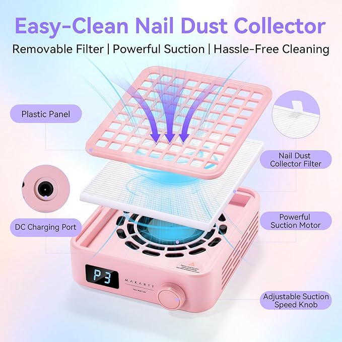 Makartt Professional Nail Dust Collector – Powerful Dust Collector Nail Tech Quite Suction Machine for Acrylic Nails Manicure & Pedicure Salon & Home Use Includes 10pcs Filters & Dust Brush Pink-Velvo Beauty