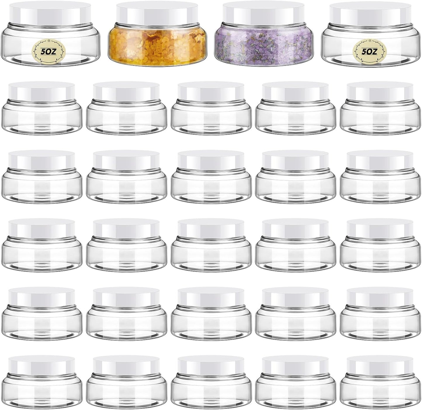 Tessco 24 Pack Plastic Jars with Lids Labels Empty Clear Plastic Jars Round Refillable Cosmetic Containers Body Butter Containers Bulk Sugar Scrub Bottle for Make Up(5 oz,White)-Velvo Beauty
