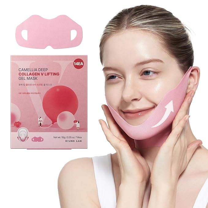 ROUND LAB Camellia Deep Collagen V Lifting Gel Mask 14EA | Double-chin Mask, Instant Cooling & Depuffing, Face Toning Belt, Collagen V-line, Improves Sagging Skin, Lifting & Firming 10g/0.35oz-Velvo Beauty