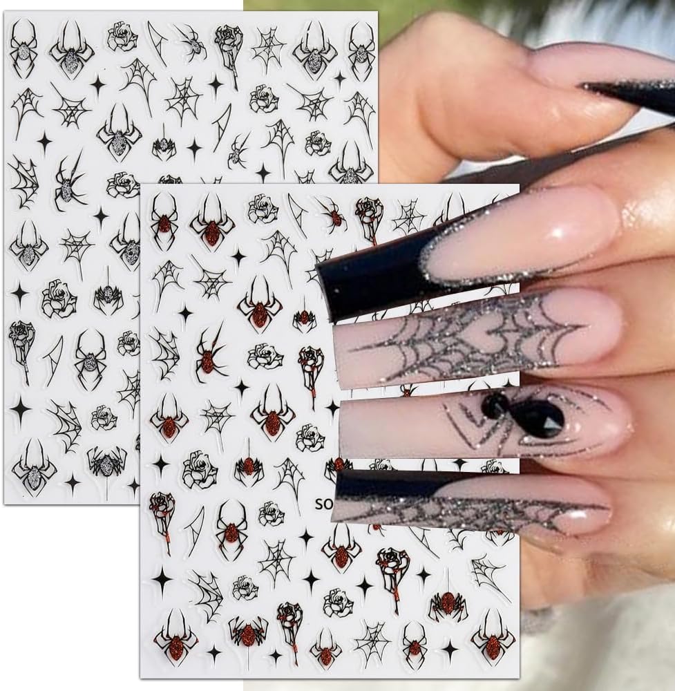 6Sheets Halloween Nail Art Stickers Decals, 3D Spider Nail Sticker Halloween Nail Decoration Self-Adhesive Black Red Silver Glitter Star Spider Web for Nails Stickers DIY Manicure Art Decoration-Velvo Beauty