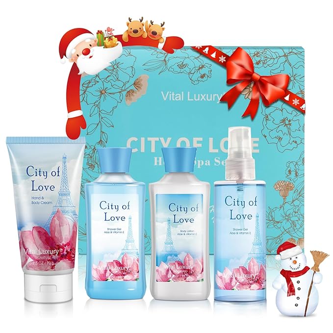 Bath & Body Kit, 3 Fl Oz, Ideal Skincare Gift Home Spa Set, Includes Body Lotion, Shower Gel, Body Cream, and Fragrance Mist, Birthday Mother's Valentine's Day Gifts(City of Love)-Velvo Beauty