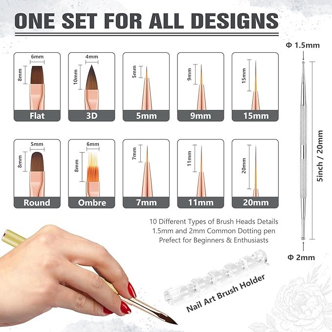 Nail Art Brushes for Nail Art, Professional 5Pcs Double-Ended Acrylic Nail Brush Set for Details, Long Lines, Ombre & 3D Design-Perfect for DIY Manicures & Salons (Gold)-Velvo Beauty