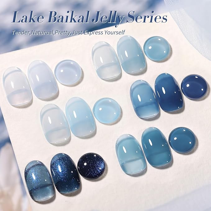 BORN PRETTY Jelly Blue Gel Nail Polish Set 6 Colors Translucent Light Blue Baby Blue Royal Blue Reflective Glitter Blue Nail Gel Kit Soak Off Nail Art Manicure Design Home Salon Holiday Gift-Velvo Beauty