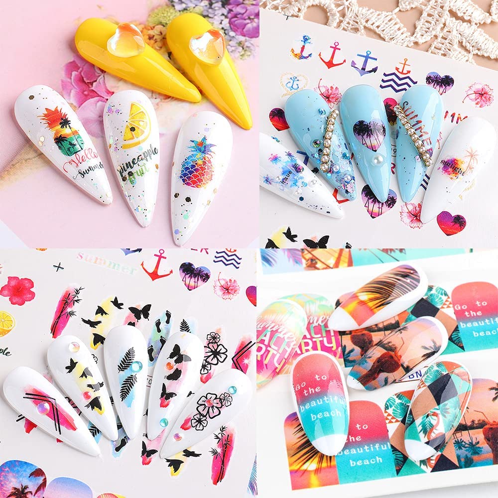Summer Nail Art Stickers Decals, 12 Sheets of Fruit Hawaii Design Water Transfer Nail Slider Tattoos Holographic Colorful Pineapple Watermelon Pattern Acrylic Nail Art for Summer DIY Nail Decoration-Velvo Beauty