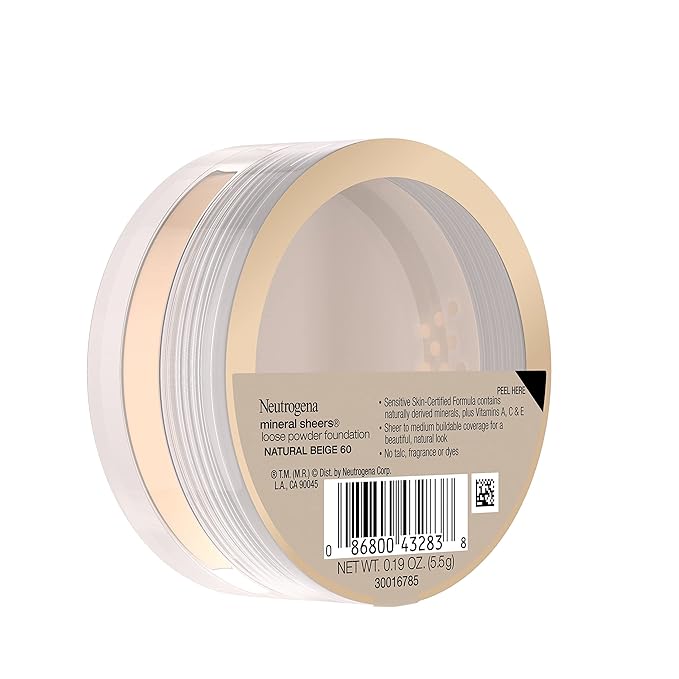 Neutrogena Mineral Sheers Lightweight Loose Powder Makeup Foundation with Vitamins A, C, & E, Sheer to Medium Buildable Coverage, Skin Tone Enhancer, Face Redness Reducer, Natural Beige 60,.19 oz-Velvo Beauty