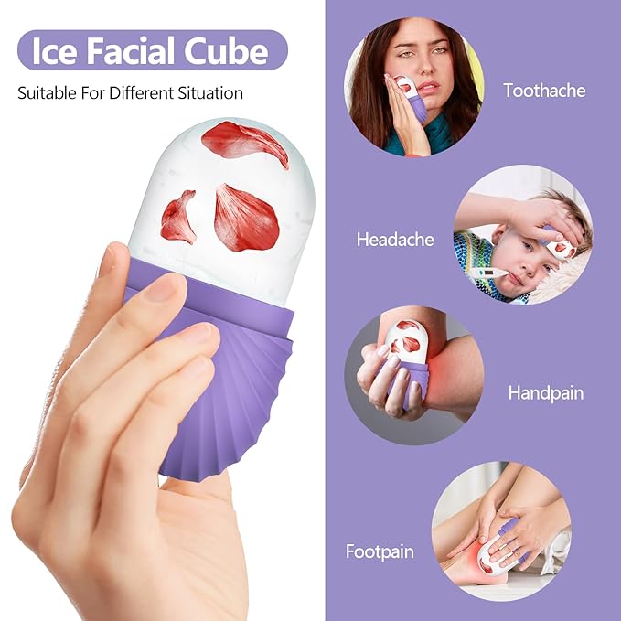 Ice Roller for Face and Eye, Silicone Ice Facial Roller Ice Holder, Face Ice Mold Skin Care, Face Icers Reusable Ice Cube Roller for Shrink Pores Anti Wrinkle Reduce Puffiness, Purple-Velvo Beauty