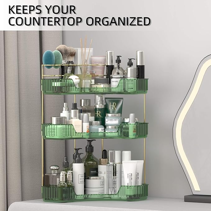 3 Tier Corner Bathroom Organizer Countertop, Vanity Makeup Organizer with Brush Holder, Space-Saving Skincare Storage Corner Shelf for Bathroom, Dressing Table, Kitchen-Velvo Beauty