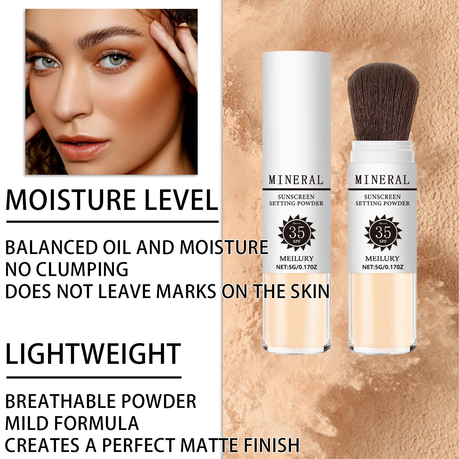 Sunscreen Setting Powder SPF 35, Mineral Brush Powder for Face & Scalp, Oil Control Natural Matte Finish Loose Powder Translucent Lasting Lightweight Breathable for All Skin (#05 Medium)-Velvo Beauty