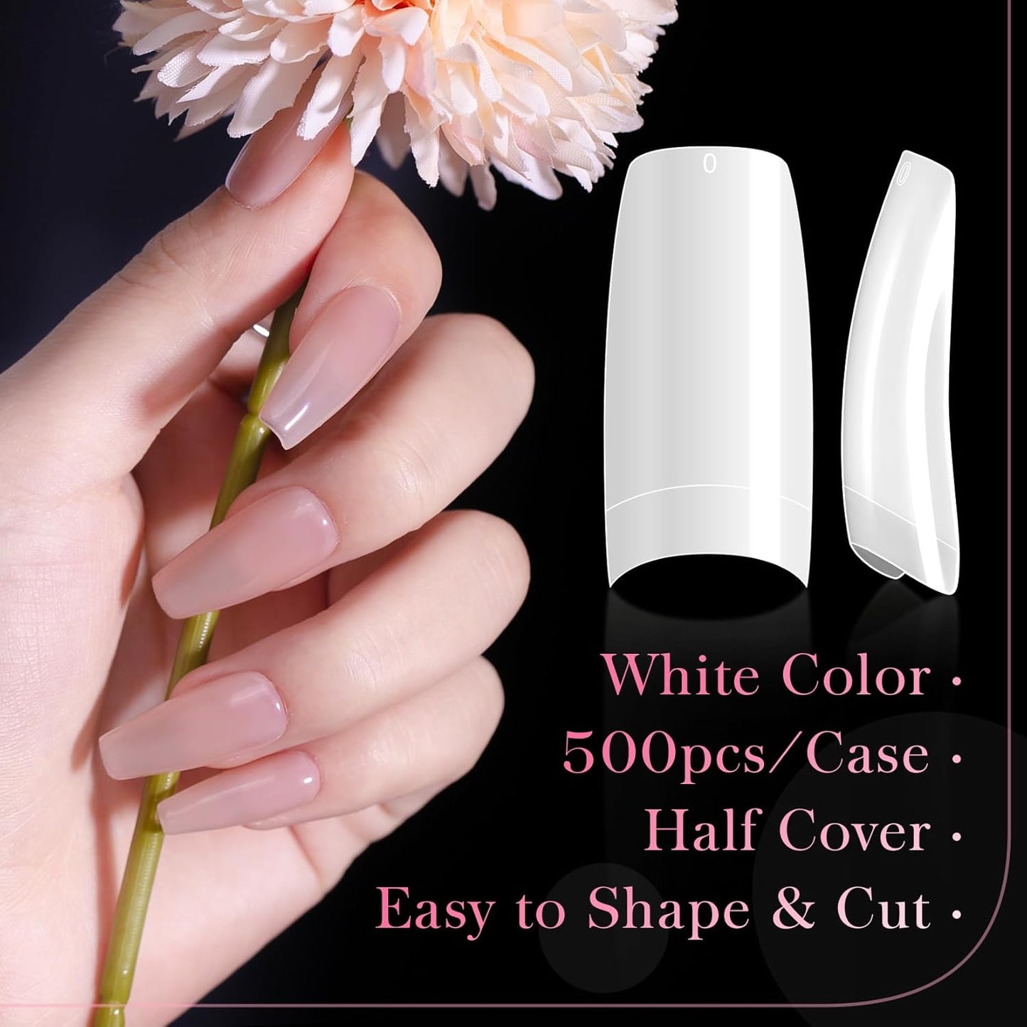 krofaue 500PCS False Nails Tips Lady French Style Acrylic Artificial Tip Manicure Half Cover with Box of 10 Sizes for Nail Tips Art Salons and Home DIY (White)-Velvo Beauty