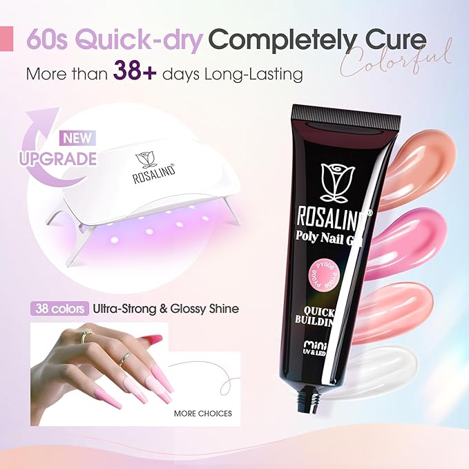 ROSALIND 38PCS Poly Nail Gel Kit with Mini Nail Lamp Glitter Brown Poly Extension Gels Kit Nude Pink Poly Gels Set-Velvo Beauty