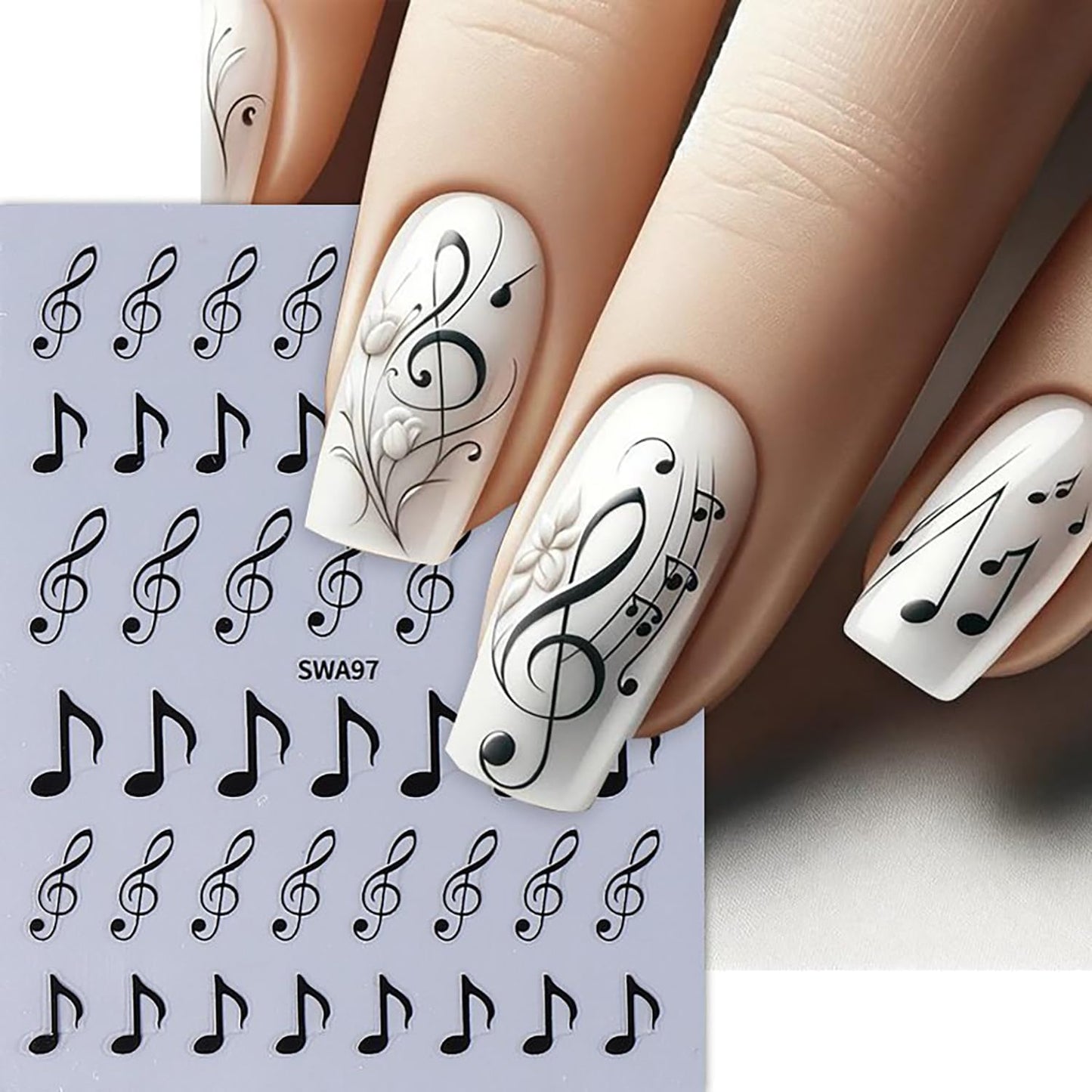 6 Sheets Musical Symbols Nail Art Stickers 3D Self-Adhesive Nails Sticker Music Notation Nails Art Decals Holographic Music Decal Decoration for Women Silver Black Manicure Stickers DIY Nail Supplies-Velvo Beauty