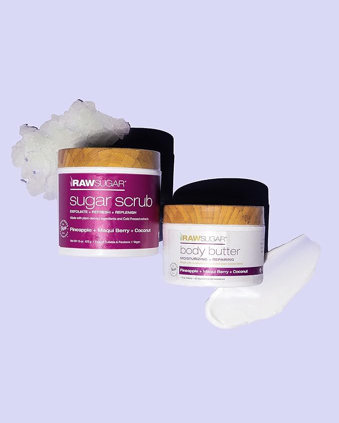 Raw Sugar Pineapple + Coconut + Maqui Berry Body Love Bundle - Body Wash, Body Scrub, Body Butter & Lip Balm, Clean, Made with Plant-Derived Ingredients, Formulated without Sulfates and Parabens-Velvo Beauty