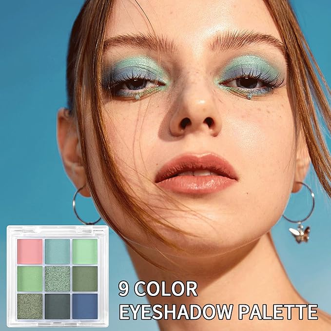Erinde 9 Colors Eyeshadow Palette, Matte Shimmer Glitter Eye Shadow Palette Makeup, Highly Pigmented Long Lasting Waterproof, Natural Neutral Nude Eyeshadow Make Up Pallet, Blue Green-Velvo Beauty