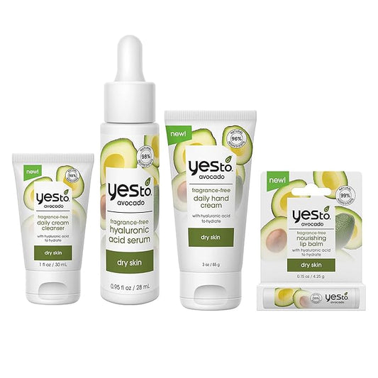 Yes To Avocado Fragrance-Free Skincare Set, Daily Cream Cleanser, Hyaluronic Acid Serum, Hand Cream, Nourishing Lip Balm-Velvo Beauty