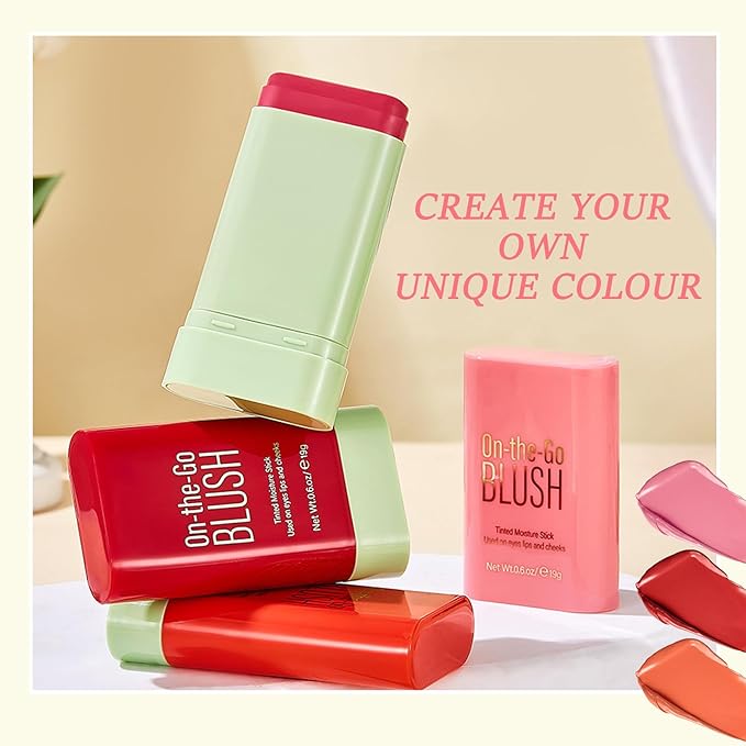 3 Colors Blush Stick,Multi-Use Cream Blush,Waterproofing Highly Pigmented Makeup Stick,Moisturizing Makeup Cream Set with Blender Sponge-Velvo Beauty