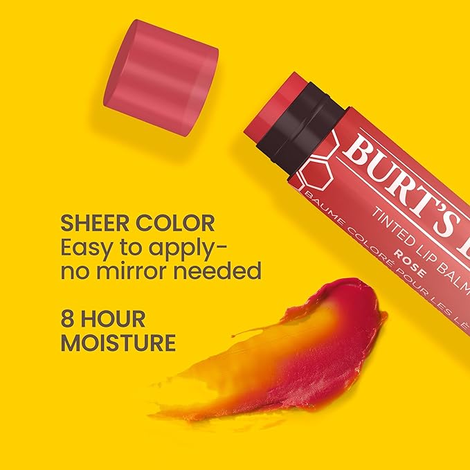 Burt's Bees Lip Tint Balm with Long Lasting 2 in 1 Duo Tinted Balm Formula, Color Infused with Deeply Hydrating Shea Butter for a Natural Looking Buildable Finish, Petal Rose (2-Pack)-Velvo Beauty