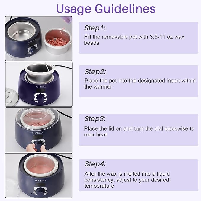 BLITZWAX Single Waxing Pot, Hard Wax Warmer for Face, Legs, Bikini, Brazilian and Body, for 16 oz, At Home Hair Removal Kit, for Men, Beginner Friendly, Quick Heating, Precise Temperature Control-Velvo Beauty