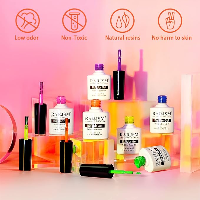 RARJSM Rubber Base Gel for Nails,Neon Gel Nail Polish Set,Neon Orange Green Blue Purple Yellow Rose Red Builder Base Gel in a Bottle ExtensionGel Bright Summer Colors LED UV Cured Home Salon DIY-Velvo Beauty