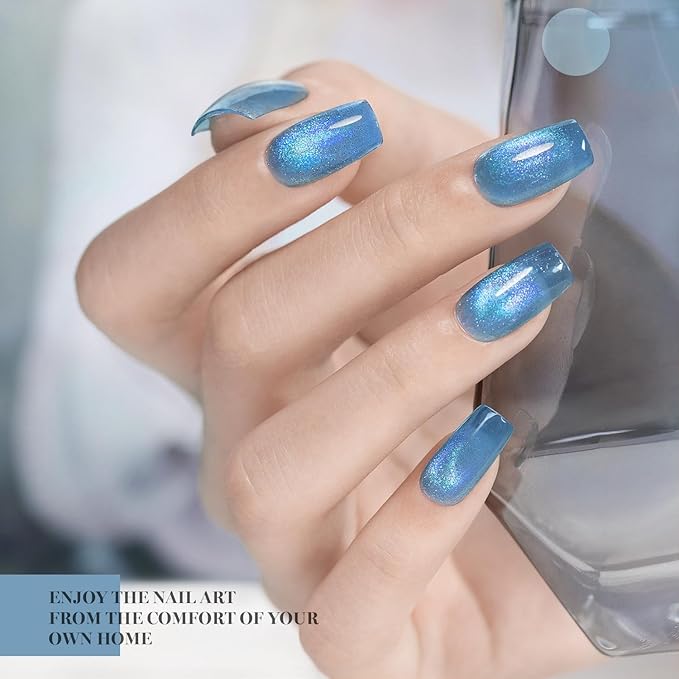 RARJSM Blue Cat Eye Gel Nail Polish Set 6pcs Reflective Diamond Glitter Clear Light Gray Sea Blue Green Tone Glass Cateye Gelpolish with Magnet Stick 7.5ml Curing Requires Soak Off for Home Salon-Velvo Beauty