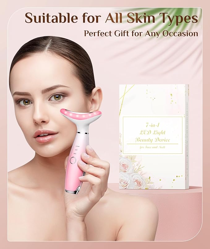 7 Color Galvanic Machines - Red Light Therapy for Face and Neck, Face Massager Tool for Wrinkles, Double Chin, Vibrating Facial Massager with Thermals, Pink-Velvo Beauty