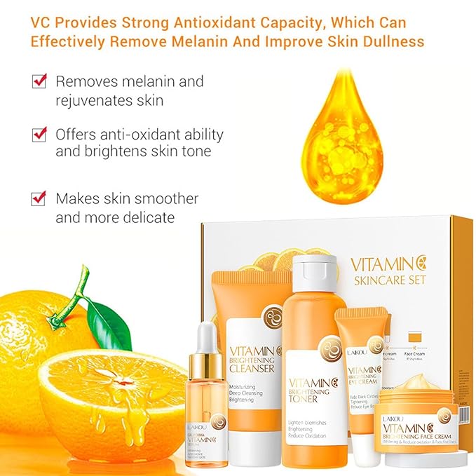 Vitamin C 5-Piece Skincare Set with Cleanser, Toner, Serum, Eye Cream and Face Cream for Skin Brightening skin care set skincare gift set skin care set for Unisex Adult-Velvo Beauty