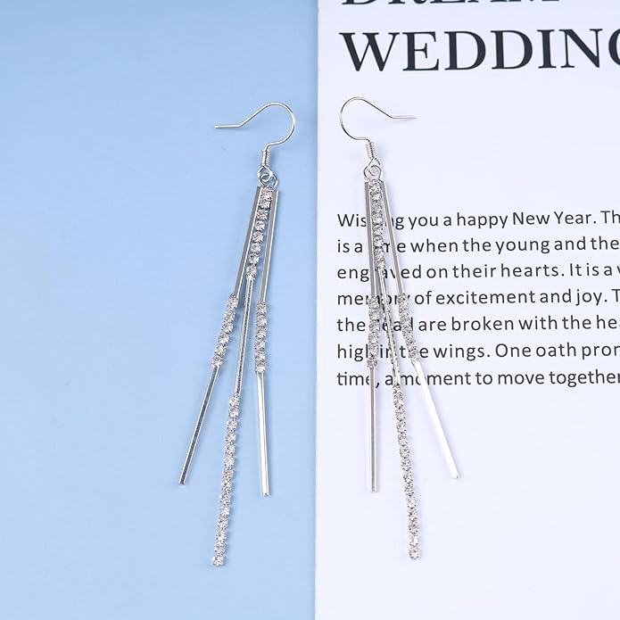 Vintage Crystal Tassel Earrings Rhinestone Bar Drop Earrings Long Rhinestone Chain Earrings Gold Cz Bar Hook Earrings Sparkle Tennis Chain Earrings Jewelry for Women-Velvo Beauty