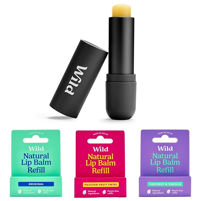 Wild Refillable Lip Balm Starter Kit - Includes Black Aluminum Case & 3 Pack Lip Balm Refills in a Variety of Scents - Includes Passionfruit Swirl, Original and Coconut & Vanilla Scents-Velvo Beauty