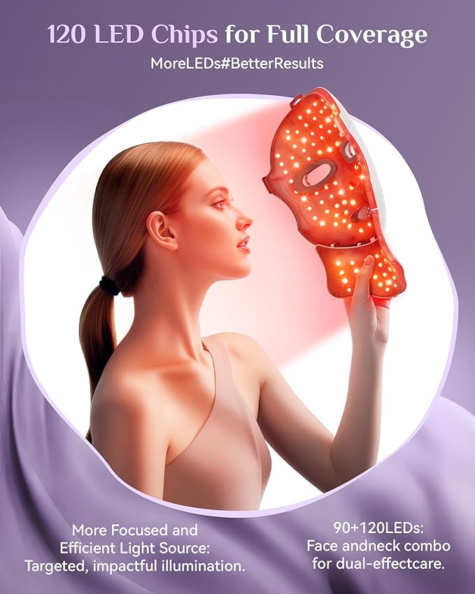 FOLOKE Red Light Therapy Mask for Face & Neck, LED Face Light Therapy,USB C Rechargeable,Infrared Mask for Home Working Travel Yoga-Velvo Beauty