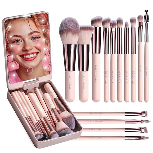 BS-MALL Makeup Brushes Foundation Powder Concealers Eye Shadows Makeup Set with LED light Mirror 14 Pcs Mini Makeup Brushes (APINK)-Velvo Beauty