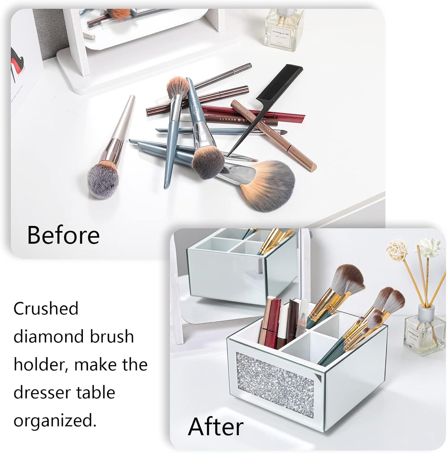 SWTHONY 360 Rotating Makeup Brush Holder Organizer, Silver Bling 4 Slot Crushed Diamond Glass Mirrored Cosmetic Brushes Storage, Eyeliners Eyebrow Pencil Display Case-Velvo Beauty