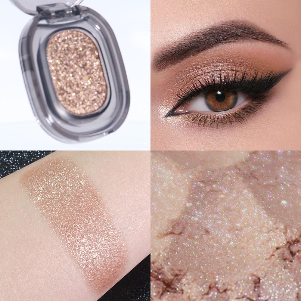 Eye shadow low saturation delicate long-lasting eye shadow palette, Monochrome Glittler Eyeshadow, pressed glitter eyeshadow, Glittle Pressed Powder Single Vegan Eyeshadow, (03 Glittle Gold)-Velvo Beauty