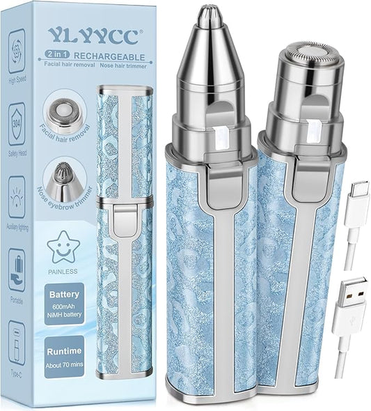 Facial Hair Remover for Face Lip, Electric 2 in 1 Face Shaver and Eyebrow Trimmer, Rechargeable Blue Nose Hair Trimmer for Women with Built-in LED Light-Velvo Beauty