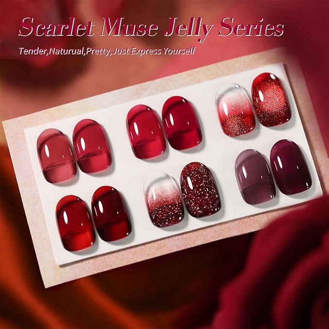 Born Pretty Jelly Burgundy Gel Nail Polish Ruby Red Glitter Cat Magnetic Eye Gel Nail Polish Fall Winter Blood Cherry Wine Red Gel Polish Glitter Soak Off Nail Art Salon Manicure Home Gift 7ml 6pcs-Velvo Beauty