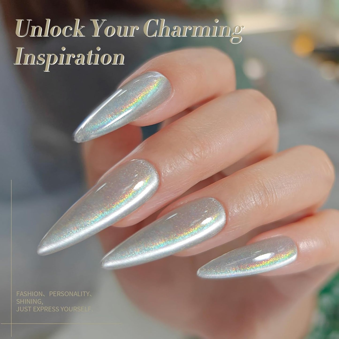 Born Pretty White Glitter Cat Magnetic Eye Gel Nail Polish, Holographic Glitter Iridescent Gel Nail Polish Soak Off Led Gel Nail Polish Nail Art Gel Manicure Salon DIY Gifts 15ML-Velvo Beauty