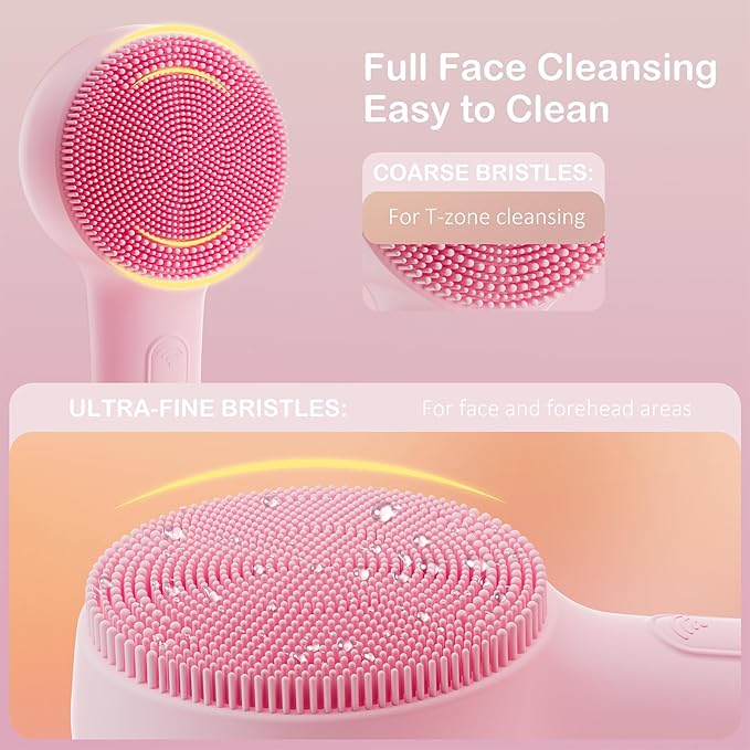 Facial Cleansing Brush Silicone Face Scrubber Waterproof Rechargeable Exfoliator Massage Device for Men & Women, Deep Pore Cleansing, Exfoliating, Removing Blackhead Electric Face Scrub Brush (Pink)-Velvo Beauty