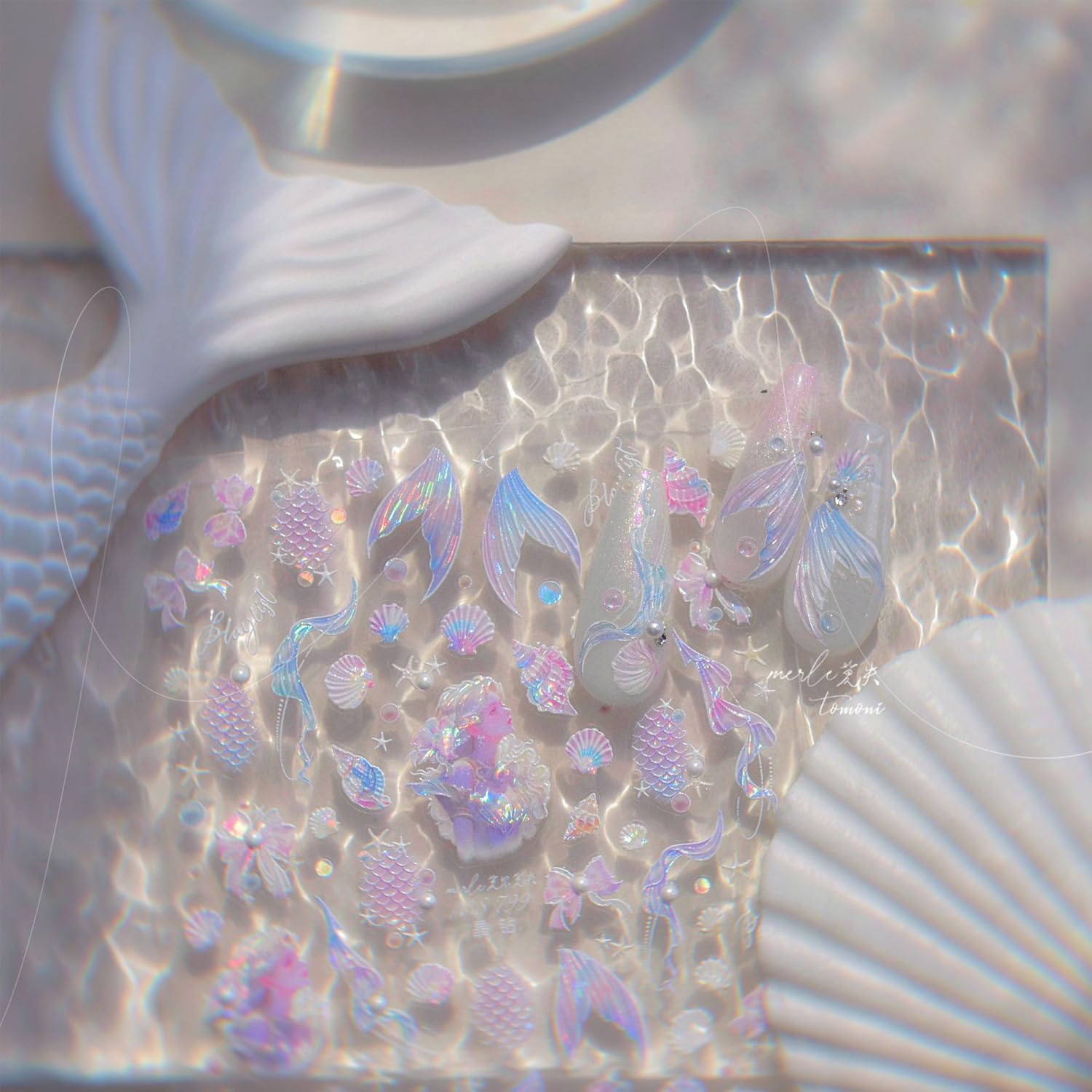 Summer Seashell Starfish Nail Art Stickers 5D Embossed Shiny Shell Nail Decals Cute Mermaid Nail Accessories Ocean Theme Summer Nails Design Pearl Bow Nail Adhesive Sliders for Women Manicure-Velvo Beauty