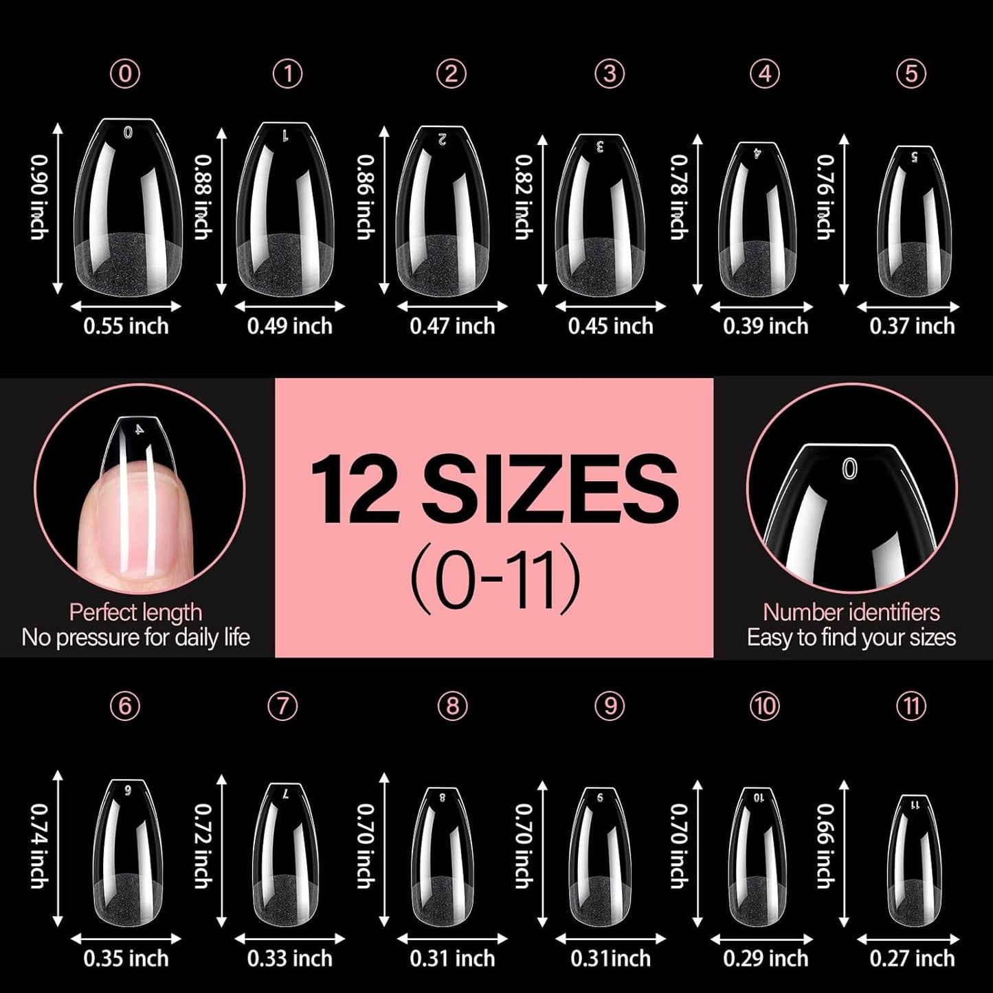 AILLSA Ballerina Nail Tips Clear Gelly Full Cover Nail Tips Pre-Shaped Acrylic Press on False Nails tips for Nails Extension Home DIY Salon Manicure 216PCS 12 Sizes-Velvo Beauty