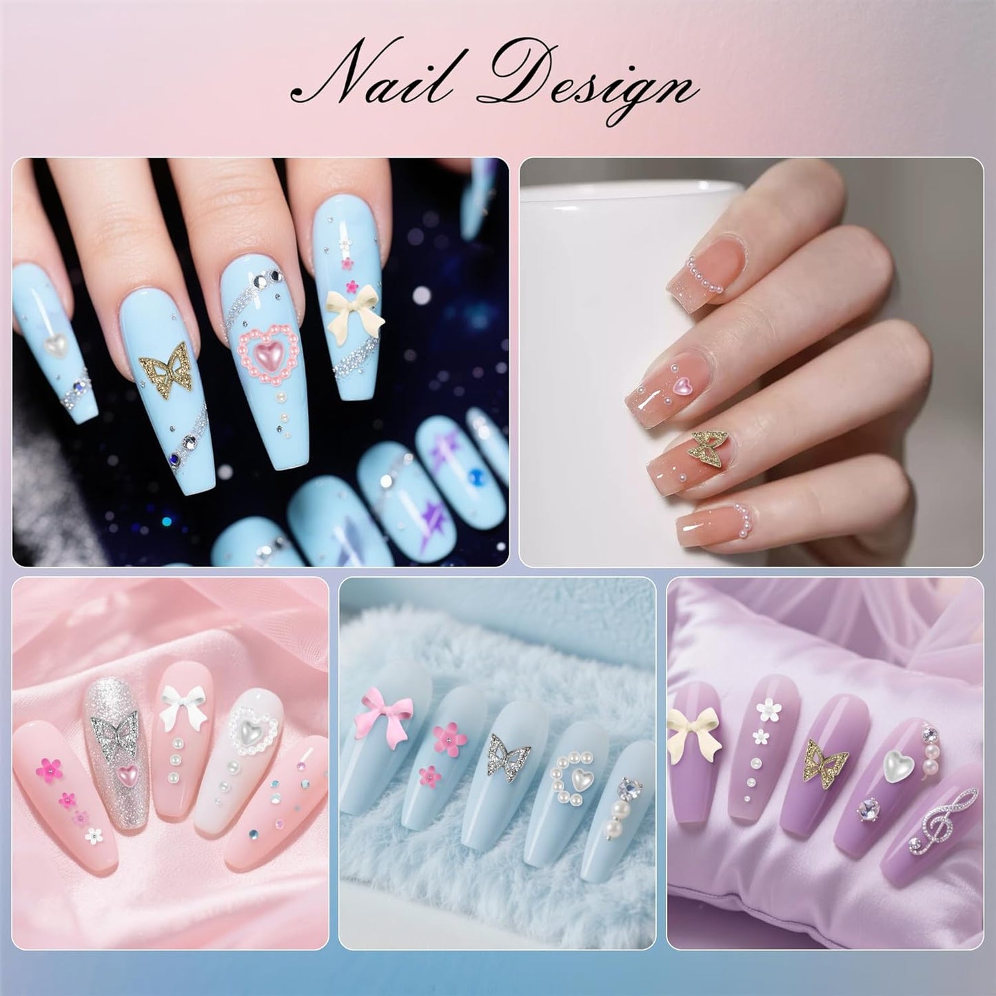 Artdone Nail Art Studs Kit, 12 grids 8 Colors 3D Charms and Pink Mix White Flower Heart Diamond Butterfly Cute Nail Jewels for DIY Decoration with Pickup Tools-Velvo Beauty