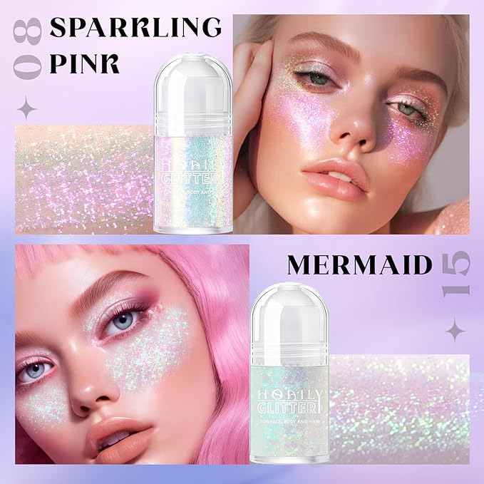2 Colors Roll-on Body Glitter Gel, Holographic Glitter Gel Under Light for Face Hair, Body Shimmer for Rave Accessories Christmas New Year Halloween Makeup (8+11)-Velvo Beauty