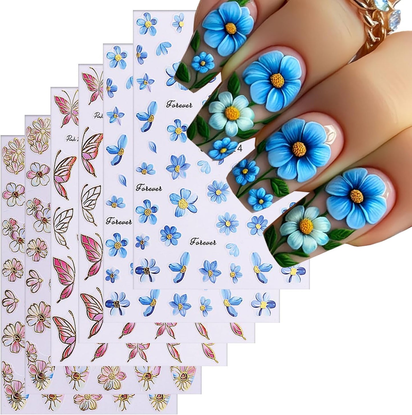 6Sheets Flower Nail Art Stickers 3D Self-Adhesive Nail Sticker Butterfly Nails Art Decals Holographic Floral Butterfly Nails Decal Decoration for Women Blue Blossom Manicure DIY Nail Supplies-Velvo Beauty