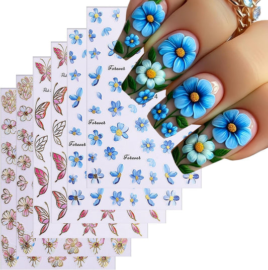 6Sheets Flower Nail Art Stickers 3D Self-Adhesive Nail Sticker Butterfly Nails Art Decals Holographic Floral Butterfly Nails Decal Decoration for Women Blue Blossom Manicure DIY Nail Supplies-Velvo Beauty