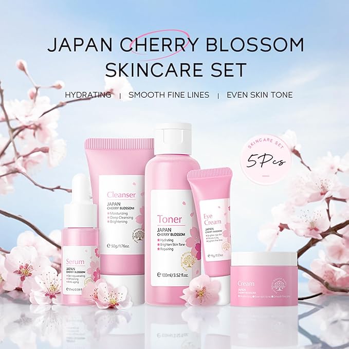 Korean Skin Care Set - Sakura Skin Care Sets & Kits - Women Gift Sets with Cleanser-Toner-Serum-Face Cream-Eye Cream - Skin Care Routine Kit for Women - Beauty Products Gift Box (SetB)-Velvo Beauty