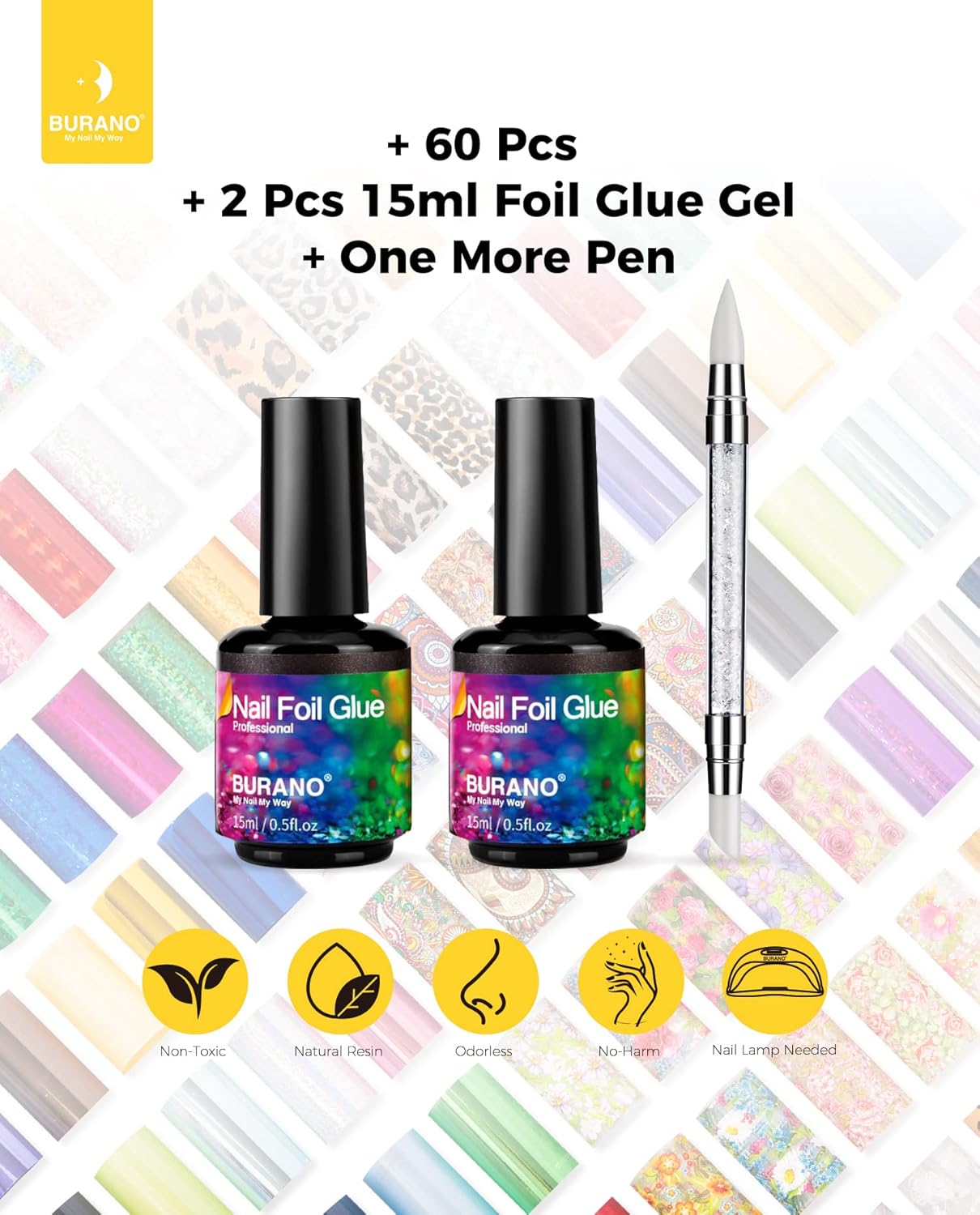 BURANO Nail Art Foil Glue Gel, 15ML 2 Bottles with 60PCS Foils Sticker, Nails Designer Adhesive Transfer Art UV LED Lamp Required-Velvo Beauty