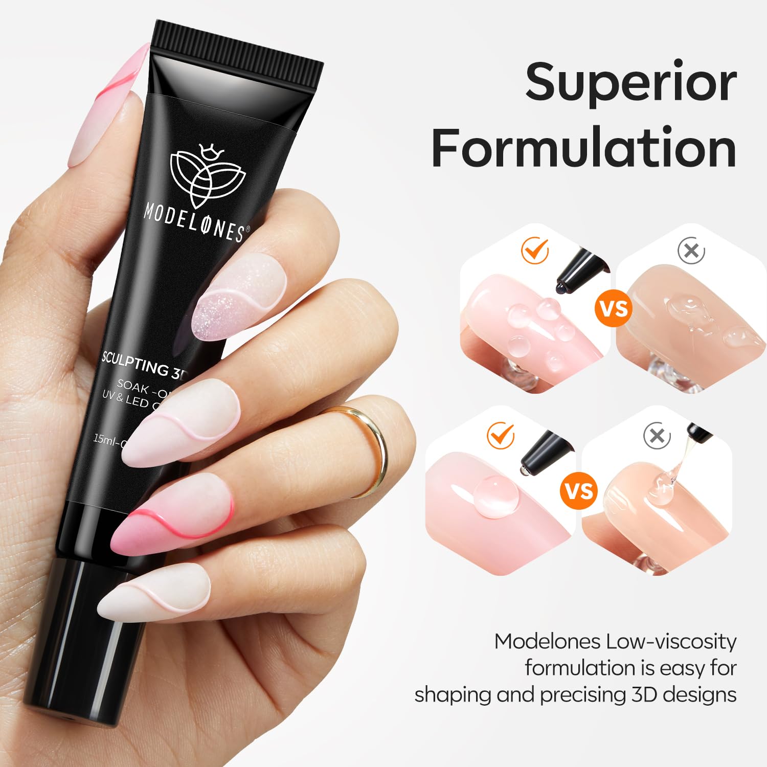 Modelones 3D Gel Nail Art, Sculpting Gel Glue for Molding, Drawing, Charms & Gems Glue, Nail Stuff for Chrome Powder and Rhinestone Design No Wipe, U V Light Cured Salon & DIY Use-Velvo Beauty