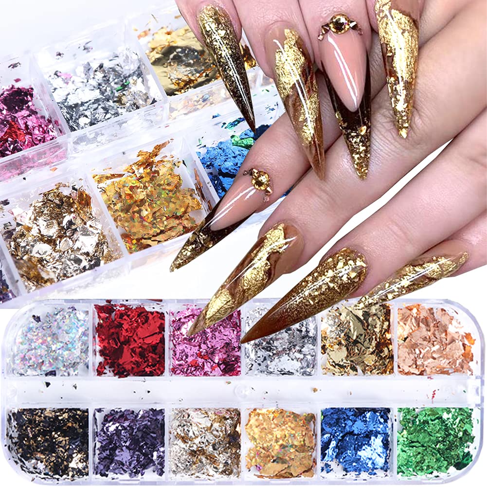 Gold Nail Art Glitter & Sequins Holographic Irregular Foil Sticker 3D Glitter Foil Flakes Decals - 12 Colors-Velvo Beauty