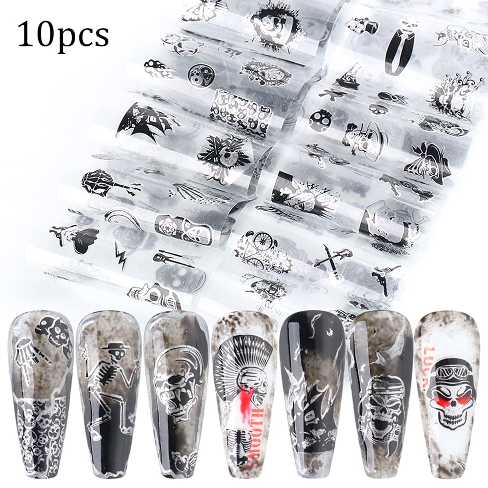 Black Skull Design Nail Foils Halloween Nail Transfer Foil Gothic Skull Nail Art Stickers Decals with Horror Pirate Skeleton Vampire Bone Butterfly Slider Wrap Design Nail Art Decoration Supplies-Velvo Beauty