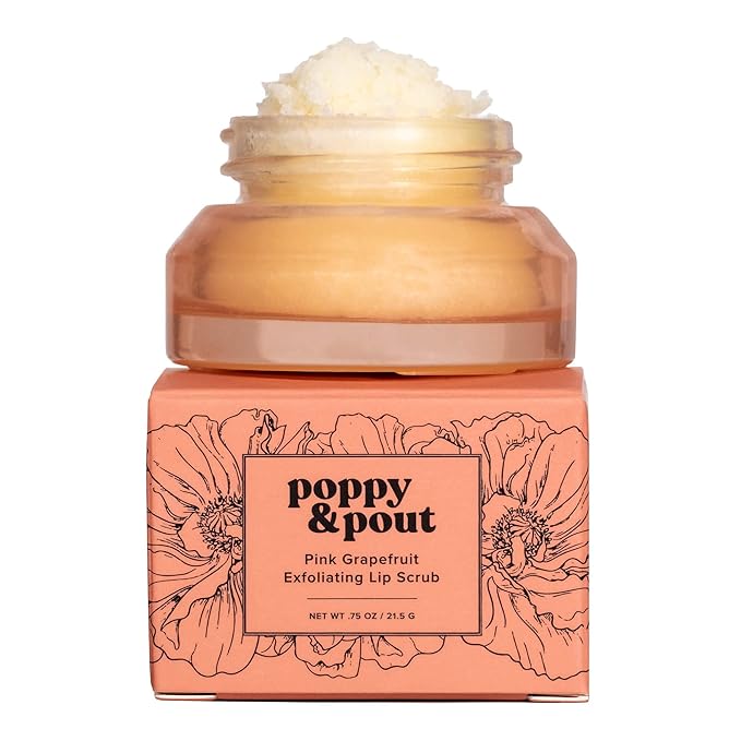 Poppy & Pout Natural Lip Scrub, Moisturizing Sugar Scrub for Dry Lips, Lip Scrubber Exfoliator with Essential Oils Smooths and Hydrates Lips, In Recyclable Glass Jars, Cruelty Free - Pink Grapefruit-Velvo Beauty